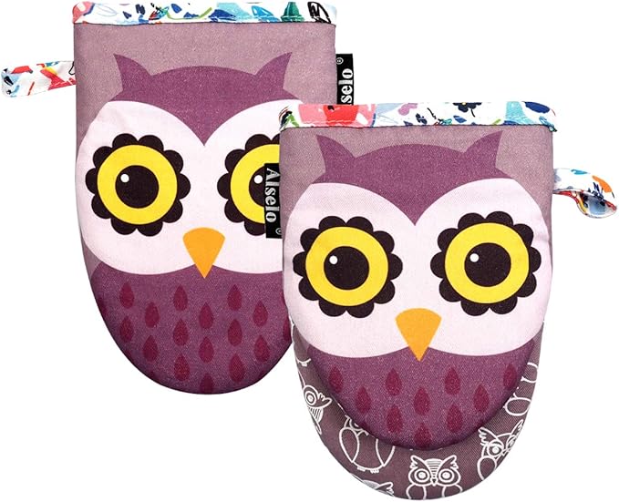 Alselo Mini Oven Mitts,2pk - Silicone Little Kitchen Gloves, Heat Resistant with Non-Slip Grip and Soft Quilted Cotton Lining for Safe Backing Cooking Barbecue (Purple, 2)