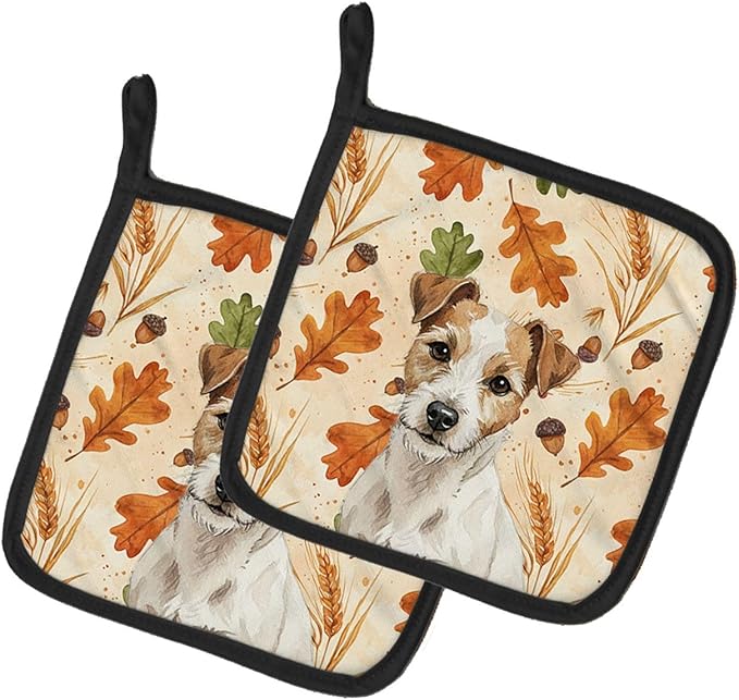 Caroline's Treasures White with Tan Markings Russell Terrier Heirloom Fall Pair of Pot Holders Pair 7.5x7.5 Quilted Insulated Hot Pads Decorative Kitchen Gift Made in USA