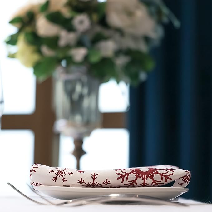 100% Pure Linen Dinner Christmas Cloth Napkins 15 x 15 Inch Snowflake Pattern - Set of 6 Pack European Flax Natural Fabric Washable for Home and Kitchen