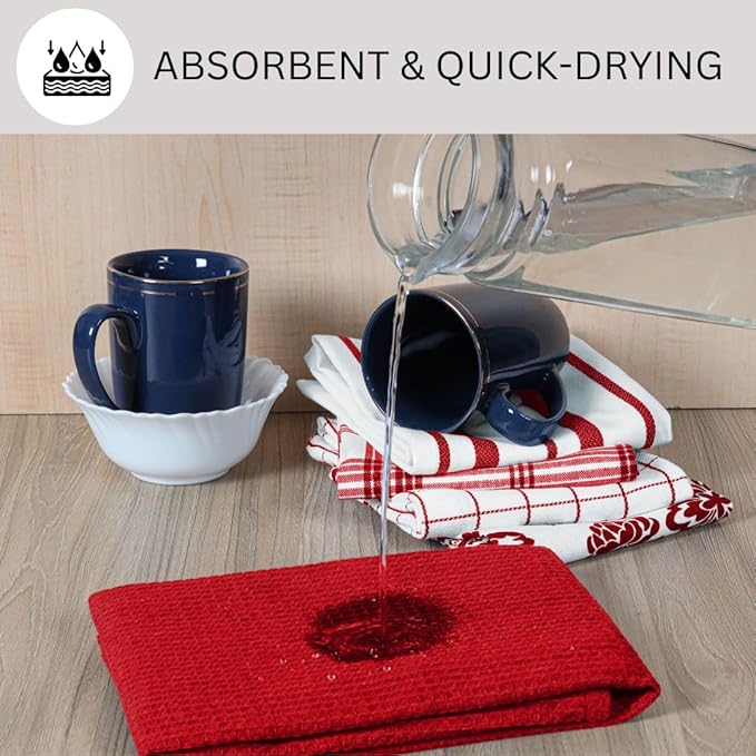 Assorted Kitchen Towels 100% Cotton 16x26 Inch - Super Absorbent, Soft & Quick Drying, Multi-Purpose for Drying & Cleaning, Ideal for Kitchen & Home Use, Set of 5 Low-Lint Dish Towels Red