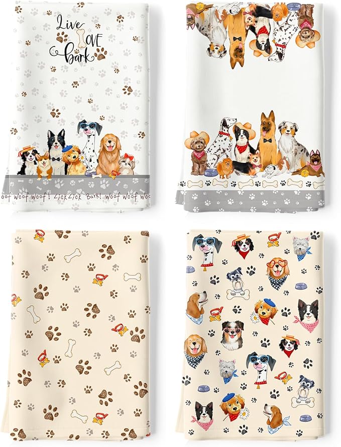 Cute Dogs Tea Towels, Cotton Kitchen Towel 18.9 × 27.5 Inch, Quick Drying Dish Cloth for Party Anniversary Holiday Decoration, Gift for Dog Lovers