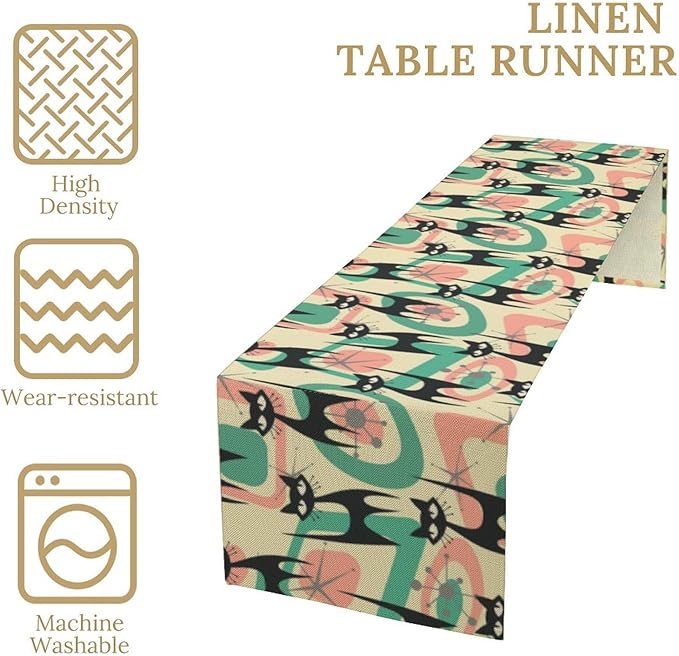 Mid Century Table Runner Black Cat Abstract Geometric Retro Art Printed Dinner Runner for Home Kitchen Dining Table Decor Fabric 1 Panel W13xL120in