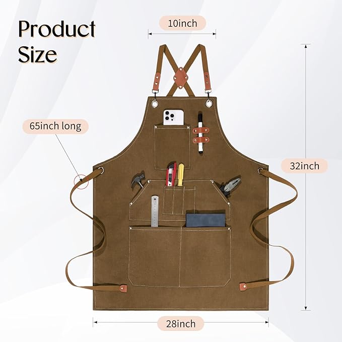 Work Aprons for Men Women with 9 Pockets Chef Apron 14oz Cotton Canvas Cross Back Aprons Heavy Duty Apron Brown Tool Apron for Woodworkers Kitchen Cooking Apron Waterproof Apron Size M to XXL