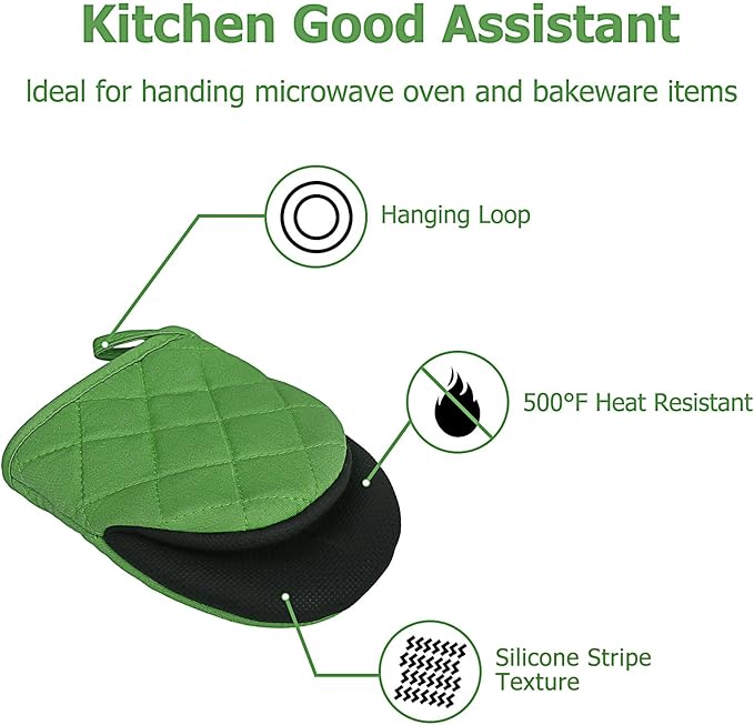 Short Oven Mitts, Heat Resistant 500°F, Silicone Grip Kitchen Gloves, Non-Slip for Baking, Grilling, BBQ, Machine Washable with Hanging Loop, 2-Pack Set, Dark Green