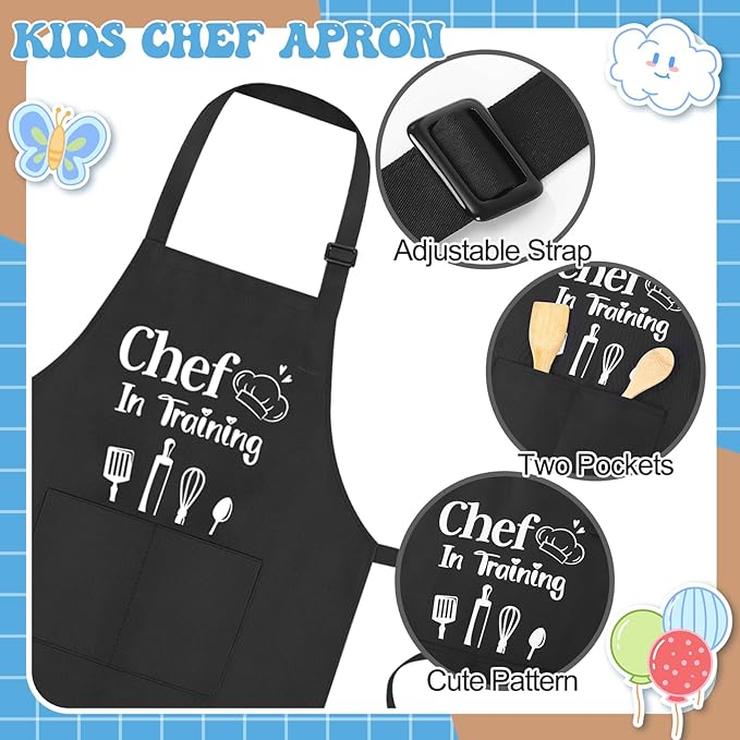 2 Pack Kids Apron and Chef Hat Adjustable Kitchen Cooking Apron with Pockets Kids Funny Apron for Girls Boys
