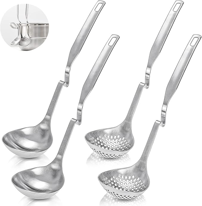 Peohud 4 Pack Soup Ladle Soup Colander, SUS304 Stainless Steel Slotted Hot Pot Ladle Strainer Scoops, Thickening Cooking Skimmer Cookware Utensil for Hotpot Scooping Sauce Serving, 12 Inch