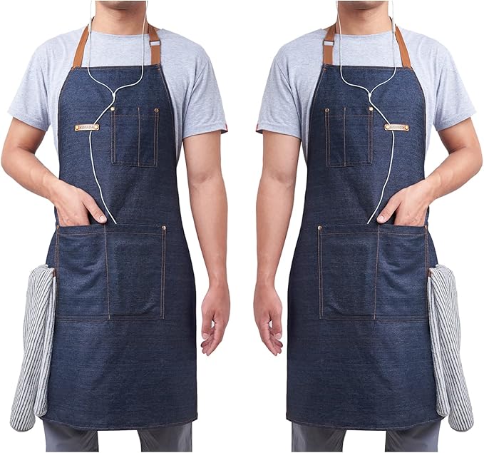 KPD Denim Apron With Pockets - Adjustable Blue for Kitchen, BBQ, and Garden - Work Apron for Men and Women