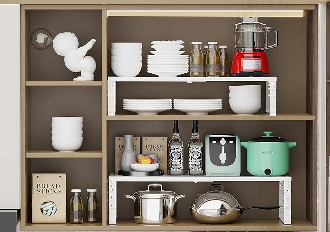 Jojocross Expandable Cabinet Shelf Organizer Storage Spice Rack Shelves for Kitchen Stackable Adjustable Pantry Cupboard Bathroom Countertop Desktop(2Packs/White/Medium)