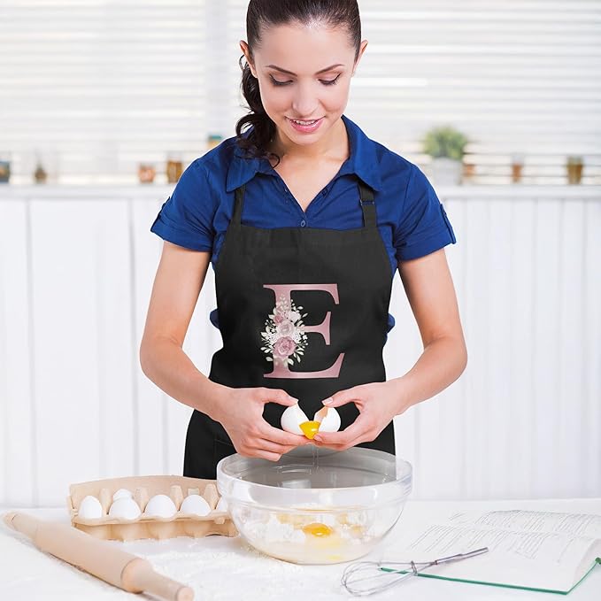 ROKO CLOTHING Personalized Initials Apron with Pockets Custom Kitchen Aprons Women for Baking Cooking Adjustable Neck Waist