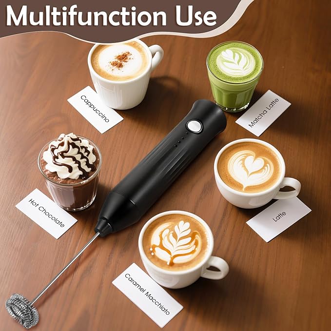 Milk Frother Handheld Rechargeable, Frother Wand Drink Mixer Electric Whisk for Coffee, Detachable With 2 Stainless Whisks, Hand Mixer for Lattes, Matcha, Egg, Kitchen Gifts(Black)