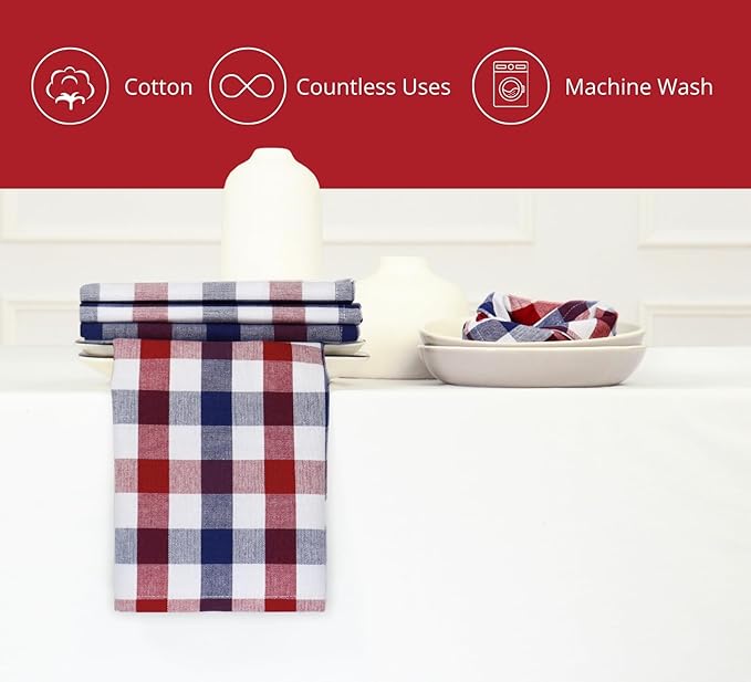 PurpleEssences 4th of July Buffalo Plaid Cloth Napkins - Mitered Corners - Summer - Gingham Check Dinner Napkin - Set of 12-100% Cotton - 18x18 Inch - Reusable Washable - Red White Blue
