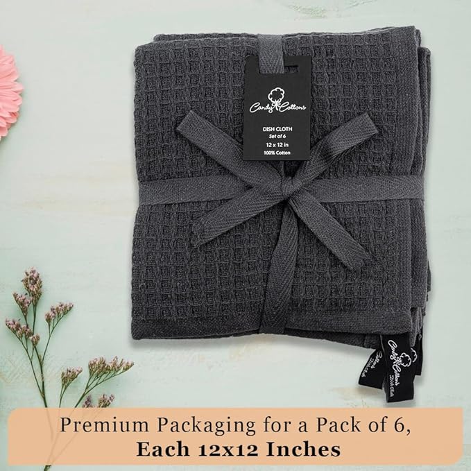 DishCloths Kitchen|Waffle Terry Check Weave Hand Towels|Cotton 12x12 Reusable Dish Rags Washing Scrub Cleaning Dishes|Dish Bar Mop Towels Hand Wipes|Spring Easter Basket Decor|6 Pc Set-Grey