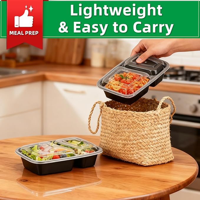Meal Prep Containers 2 Compartment 30 Pack, 26 oz Divided Reusable Food Storage Containers with Lids Takeout Food Storage Containers Black, Microwave Dishwasher Freezer Safe, Stackable, BPA Free