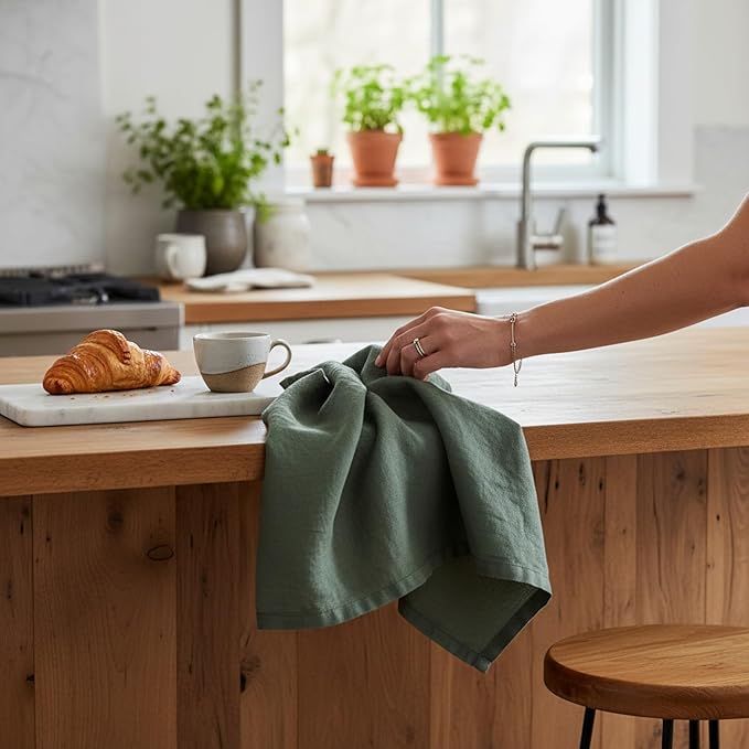 Linen Kitchen Dish Towels – 20” x 27” – 100% Pure Stonewashed Linen Hemstitch Hand Towel/Tea Towel - Set of 2 (Rustic Green)