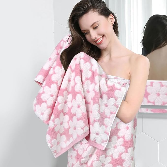 Jacquotha Pink Bath Towels Set of 2, Super Absorbent & Decorative 27.5x55 Inches, Cute Floral Jacquard Shower Towel for Bathroom Decor, Cotton