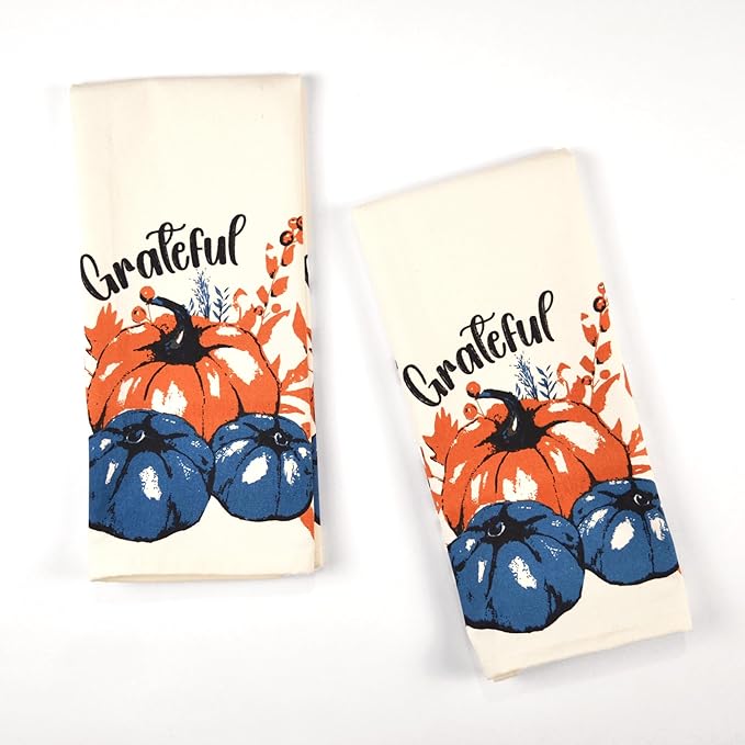 The Fine Living Company Set of 2 Grateful l Printed Dish Towels, Hand Towels, Boho Tea Towels - Multifunctional, Stylish, Absorbent, Quick Dry, Soft, 18" x28", 100% Cotton, Blue & Orange