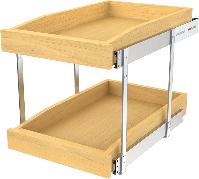 2 Tier Pull Out Cabinet Organizer, 14"W x 21"D Solid Wood Heavy-Duty Base Bottom Assembly Slide out Drawer Shel Cabinet Organization for Kitchen, Pantry, Bathroom