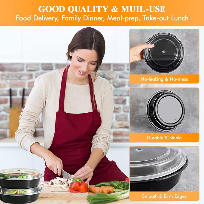 MUCHII 50 Pack Meal Prep Container, 24 oz Round Plastic Disposable Bowls with Lids, Food Microwave and Freezer Safe