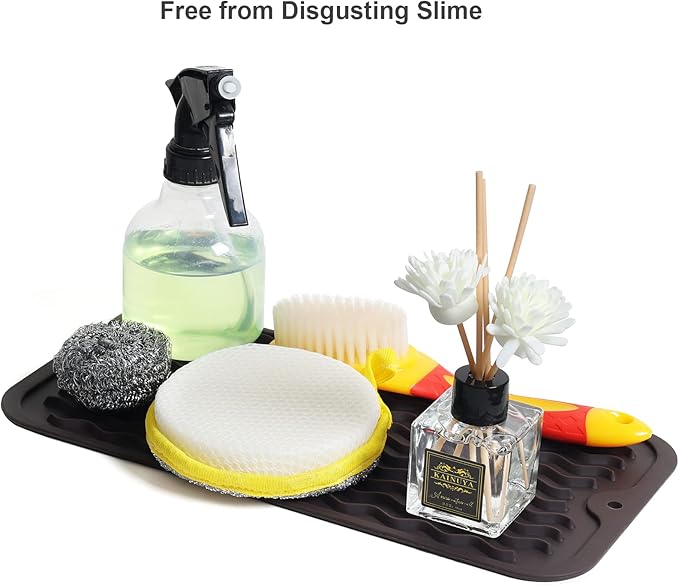 ZLR Silicone Sponge Holder & Sink Caddy Tray (6" x 12") - Narrow Dish Drying Mat for Kitchen Counter - Waterproof Soap Dispenser Organizer, Non-Slip Bathroom Vanity Tray (Coffee)