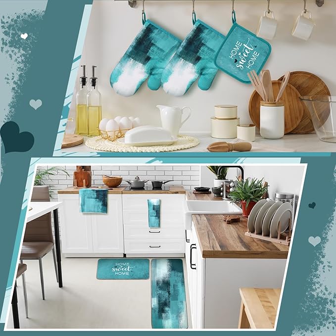 Fourluoo 10 Pcs Teal Turquoise Oven Mitts and Pot Holders Kitchen Decor and Accessories Set Turquoise Kitchen Towels Modern Boho Oven Gloves for Home Decorations Cooking Baking Housewarming Gifts