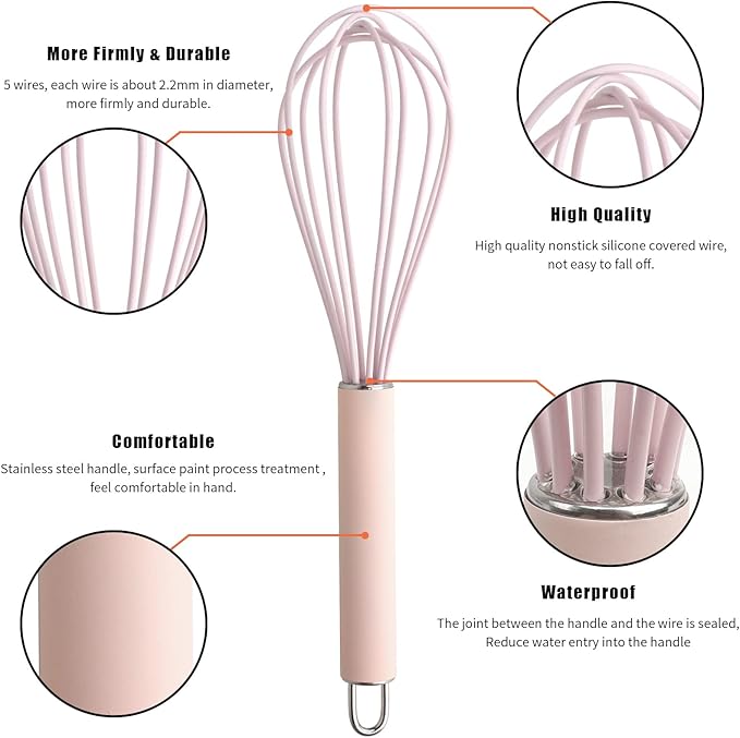 GorGin high temperature and easy to clean silicone whisk, wisk,stirrer, 10 inch, grip good grip design for Blending Whisking Beating Stirring Cooking Baking (1 Pack | Pink)
