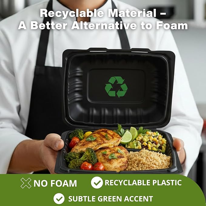 9x9 3-Compartment Hinged Vented Food Containers, 50 Pack – Clamshell Takeout Containers, Meal Prep Food Storage, 3 Compartment Food Containers, To Go Boxes & Cake Slice Box - Black