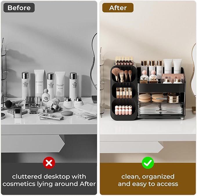 Makeup Organizer for Vanity with Brush Holder, Large Plastic Bathroom Countertop Skincare Organizer with 2 Drawers, Spacious Cosmetic Display Case for Perfumes, Eyeshadow Palettes, Nail Polishes