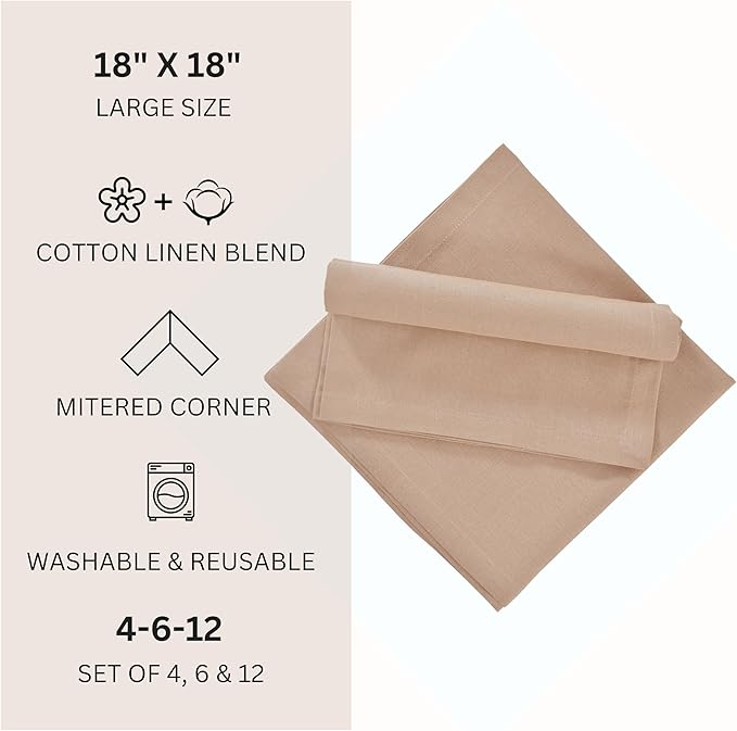 FINGERCRAFT Dinner Cloth Napkins, Cotton Linen Blend Mitered Corner Napkins Cloth 12 Pack Natural Premium Quality for Every Day Use, Parties, Easter, Thanksgiving, Weddings, 18x18 inch Taupe