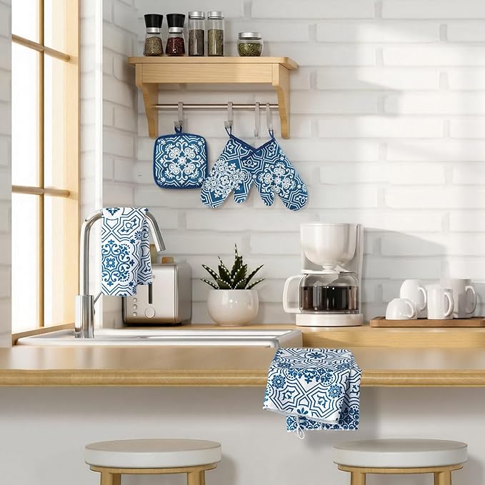 Jingmore 6 Pcs Kitchen Decor Set Accessory Farmhouse Kitchen Towels Pot Holders Oven Mitts Set 2 Dish Towels 2 Pot Holders 2 Cooking Mittens Oven Glove for Cooking (Blue,White,Chinoiserie Printed)