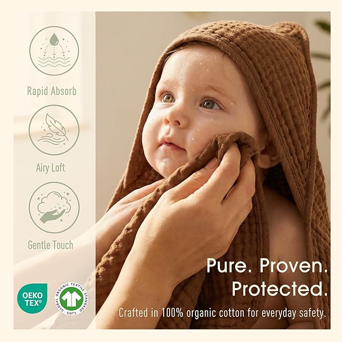 4-Piece Muslin Baby Towel Set - 100% Organic Cotton, (2) 6-Layer 32x32 Towels & (2) Washcloths, Bath, Beach & Pool Gift Set (Coffee & Blue)