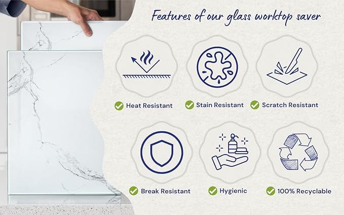 Kitchenville Glass Cutting Board 16"x12": Tempered Glass Kitchen Counter Protector - Durable- Scratch-Resistant, Heat-Proof - Design 2 - White Marble Effect