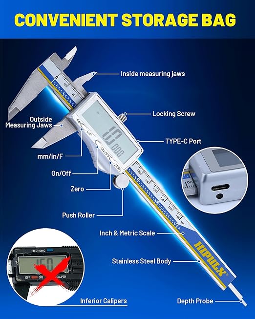 Digital Caliper with USB-C Charging, 6" Stainless Steel Digital Caliper Measuring Tool, 4-in-1 Calipers with Large LCD Screen, Micrometer with MM/in/F Conversion for DIY/Household/3D-printing
