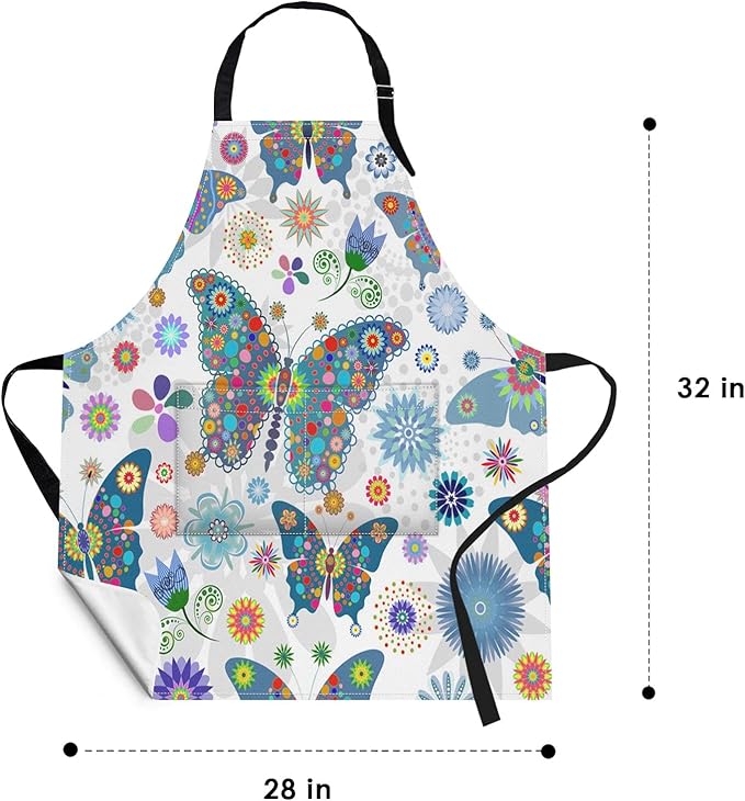 Britimes Butterfly Apron Floral Colorful Butterflies Flowers Aprons Kitchen Cooking Gardening for Women With Pockets