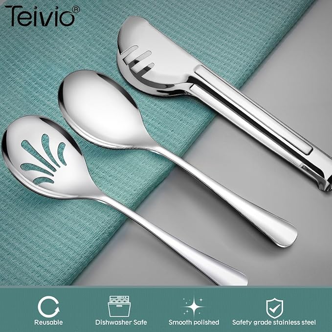 Teivio Stainless Steel Metal Serving Utensils - Large Set of 9-10" Spoons, 10" Slotted Spoons, and 9" Tongs (Silver)