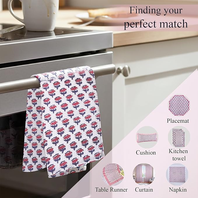 CPC Pink Sapphire Hand Block Printed Cotton Waffle Dish Cloth Set of 12-12x12 Inch Super Absorbent, Soft, Reusable Kitchen Towels for Dish Drying & Cleaning Ideal for Spring, Mother's Day