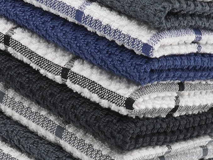 Cotton Dish Towels for Kitchen, Terry Dish Cloths for Washing Dishes, 12 x 12 Inches, Light and Soft, Quick Drying Dish Rags for Cleaning, 8pc/Set (Grey Multi)