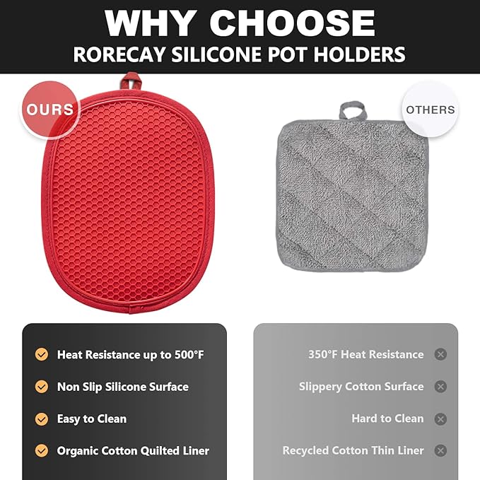 2-Pack Silicone Pot Holders for Kitchen Heat Resistant up to 500°F, Non-Slip Large Hot Pads with Pocket, Quilted Liner Trivets for Countertops Hot Pots and Pans (Red)