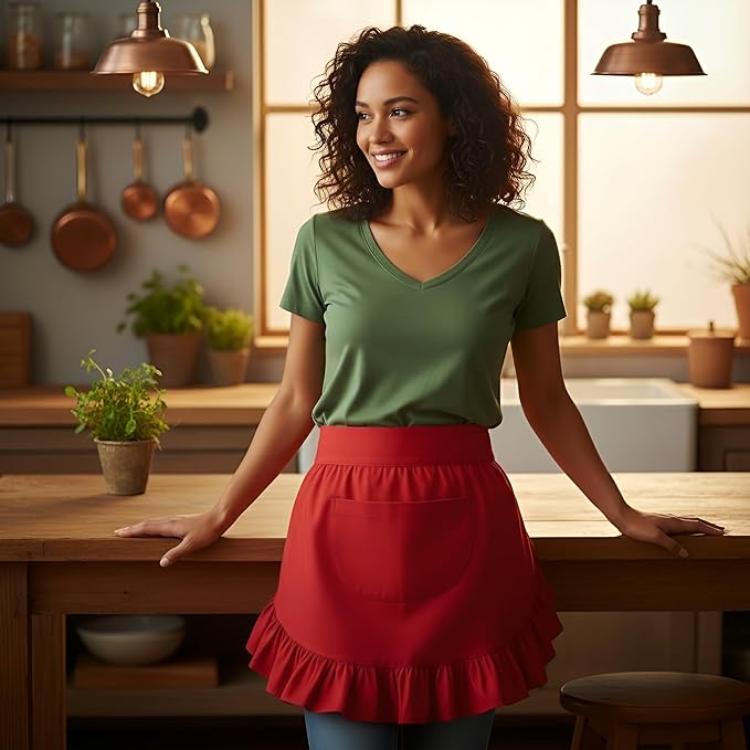 Women’s Waist Aprons with White Pockets Half Server Home Waitress Vintage Servant Apron for Kitchen Cooking