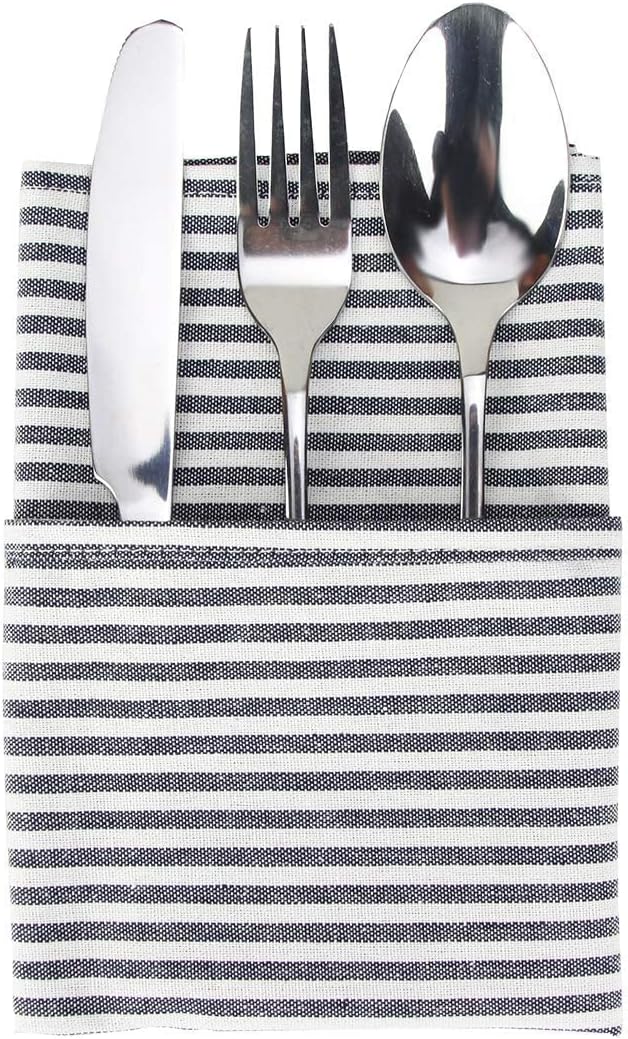 Plain Striped Cotton Linen Blended Dinner Cloth Napkins - Set of 12 (40 x 30 cm) - for Events & Home Use (Black)