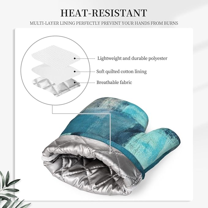 Modern Art Abstract Gery Turquoise Oven Mitts and Pot Holders Sets Silicone Turquoise Kitchen Mitts Potholders Heat Resistant 4Pcs Teal Oven Gloves Hot Pads for Kitchen Baking Cooking BBQ