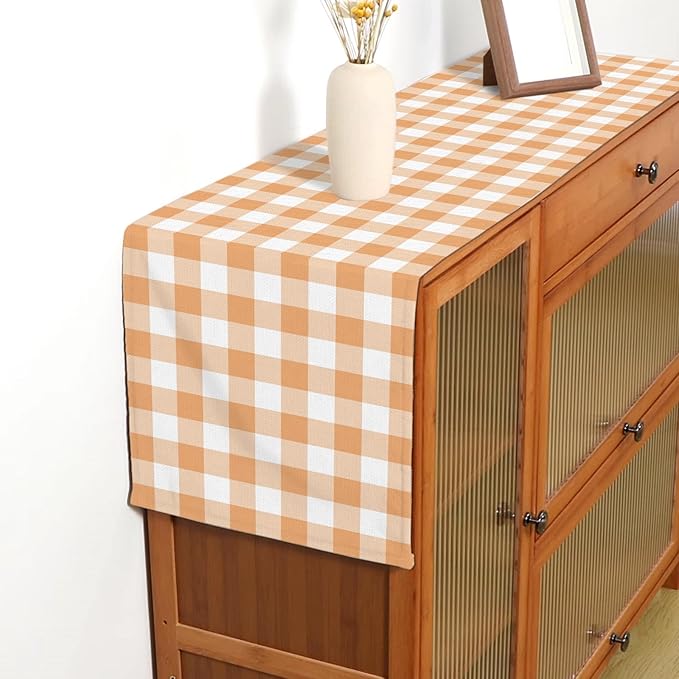 Fall Orange and White Gingham Table Runner Autumn Thanksgiving Plaid Decoration BBQ Picnic Dining Room Home Kitchen Table Decor (Orange, 13" x 72")
