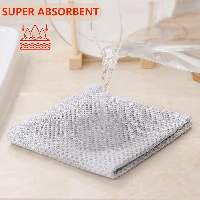 Kitinjoy 100% Cotton Kitchen Dish Cloths (12 X 12 Inches, Light Grey), 6 Pack Waffle Weave Ultra Soft Absorbent Dish Towels for Drying Dishes Quick Drying Kitchen Towels Dish Rags