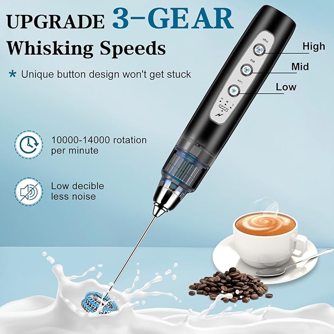 BSRGMS Milk Frother Handheld for Coffee, Electric Whisk 3 Speed Adjustable, Drink Mixer with Stainless 3 Whisks, Rechargeable Hand Frother Wand, Foam Maker for Latte Cappuccino Hot Chocolate Egg Black
