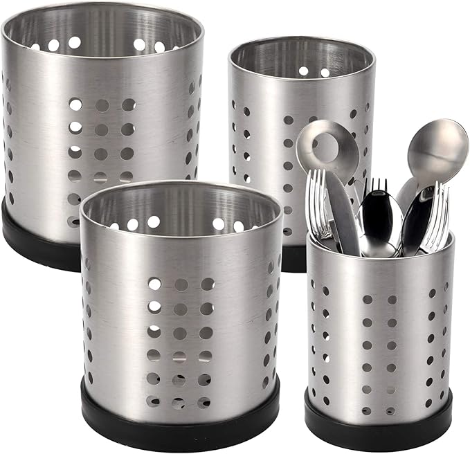 TOPZEA Set of 4 Kitchen Utensil Holder, Stainless Steel Cooking Utensil Organizer Flatware Silverware Holder Drying Rack Cylinder Kitchen Countertop Caddy for Chopstick, Spoon, Fork, Cultery, Straw