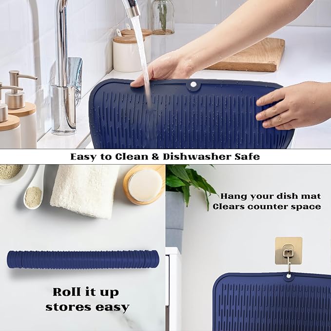 ZLR Large Silicone Dish Drying Mat (16" x 18") - XL Heavy Duty Drainboard Mat for Pots, Pans & Family Loads - Heat Resistant Trivet & Counter Protector, Easy Clean (Midnight Blue)