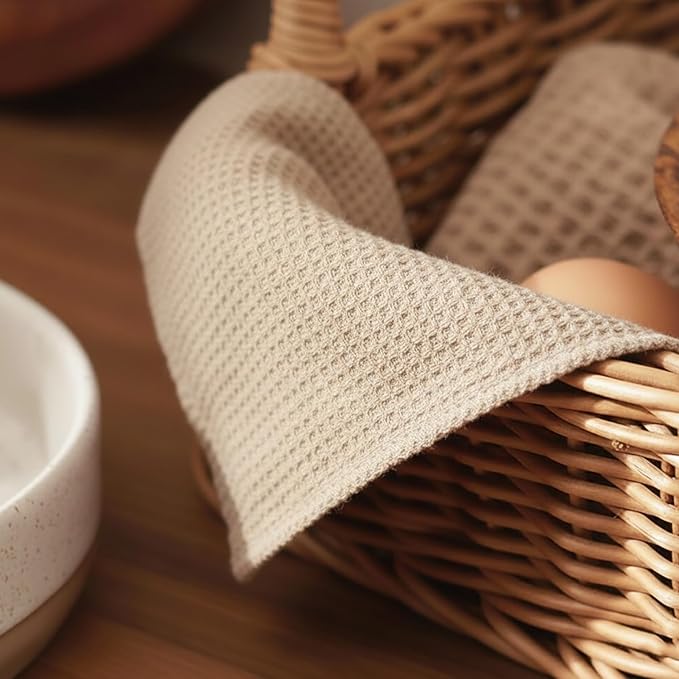 PurpleEssences Dish Cloths and Dish Rags - 6 Pack Waffle Weave Solid Kitchen Dish Wash Cloths, 100% Cotton, 12x12 Inches, Ultra Soft Absorbent Quick Drying - Spring Easter Summer - Beige