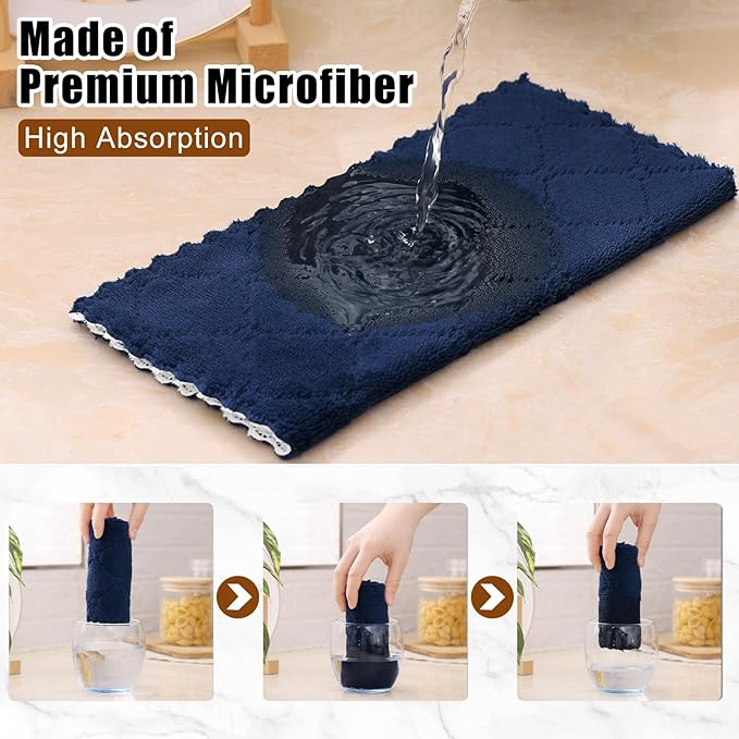 Mordimy 24 Pack Kitchen Cloths Dish Towels (10" x 10", Navy Blue & White), Super Soft and Absorbent Dish Cloths, Coral Velvet Microfiber Cleaning Cloth, Nonstick Oil Fast Dry Dishcloths