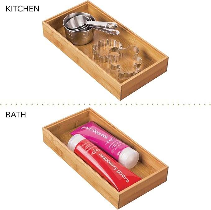 mDesign Wooden Bamboo Drawer Organizer - 12" Long Stackable Storage Box Tray for Kitchen Drawers/Cabinet - Utensil, Silverware, Spatula, and Flatware Holder - Echo Collection - 2 Pack, Natural Wood
