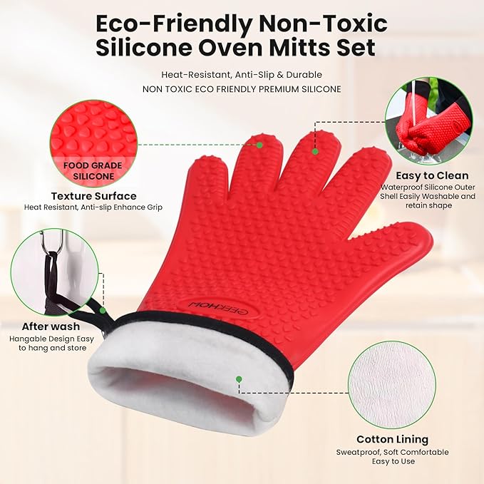 GEEKHOM 8PCS Extreme Heat Resistant Silicone BBQ & Oven Gloves Set to 446°F with Mitts, Trivet, Grips, Hooks for Grilling & Baking