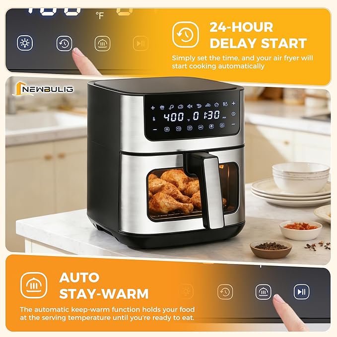 NEWBULIG Air Fryer 6.34QT, Airfryer with Visible Window, 400℉ Fast Heating Air Fryers Oven with Nonstick and Dishwasher-Safe Basket, 8-in-1 Cooking Preset, Timer，Auto-Off, Stainless Steel, Black